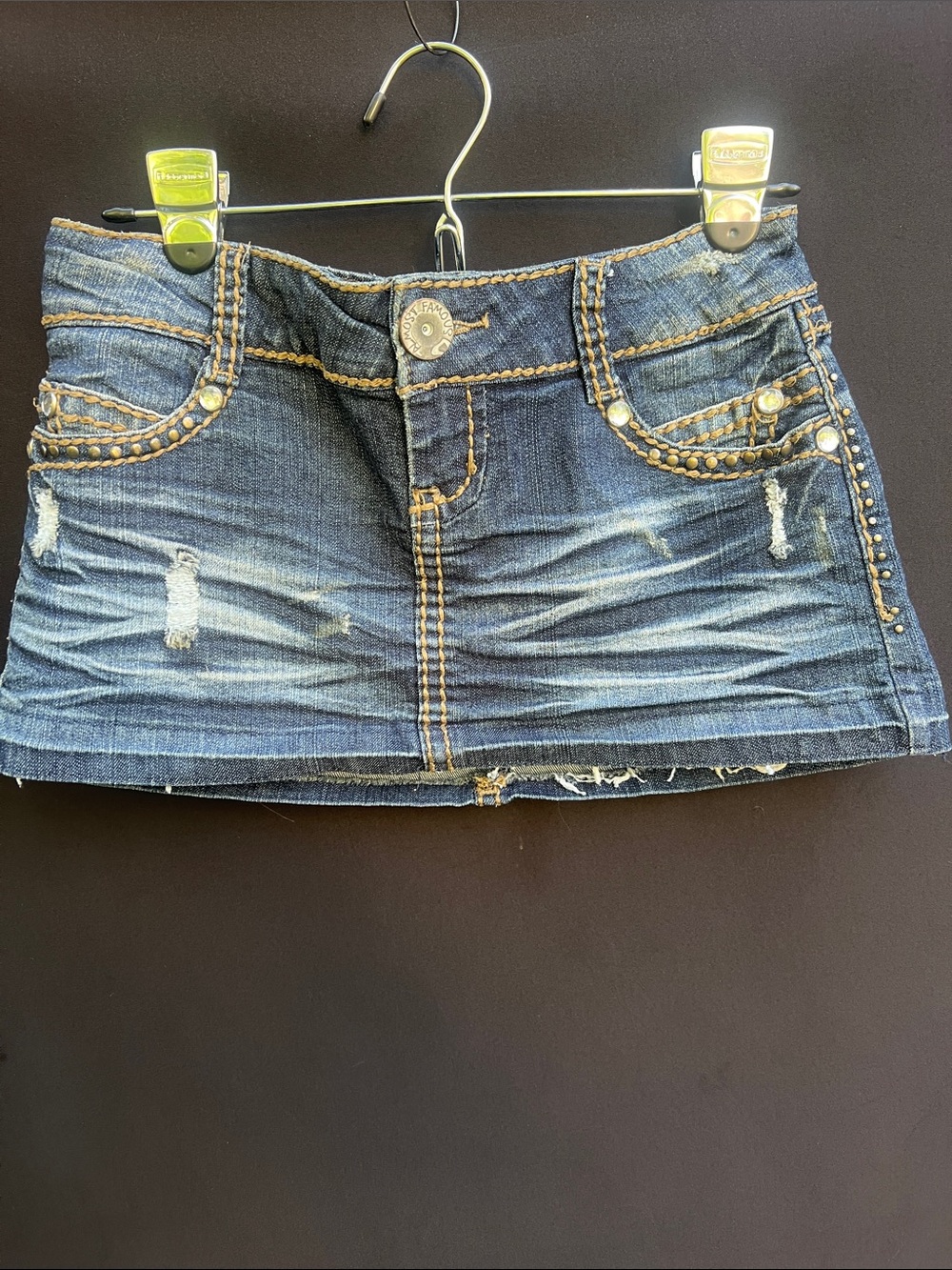 Almost Famous Dark Blue Denim Skirt with Gold Embroidery